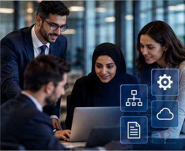 Business professionals collaborating on AI-enabled workplace activities